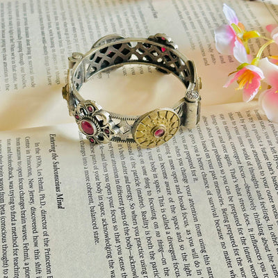 Antique Golden Silver Stone Cuff Bracelet