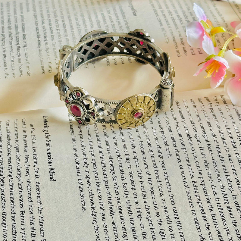 Antique Golden Silver Stone Cuff Bracelet