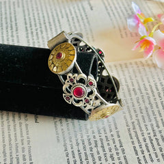 Antique Golden Silver Stone Cuff Bracelet