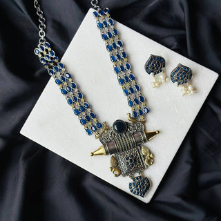 Blue Stone Oxidized Silver Long Necklace - Cherriscope