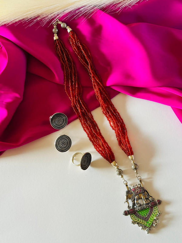 Cherriscope Oxidized Elephant Design Red Pearl Necklace Set