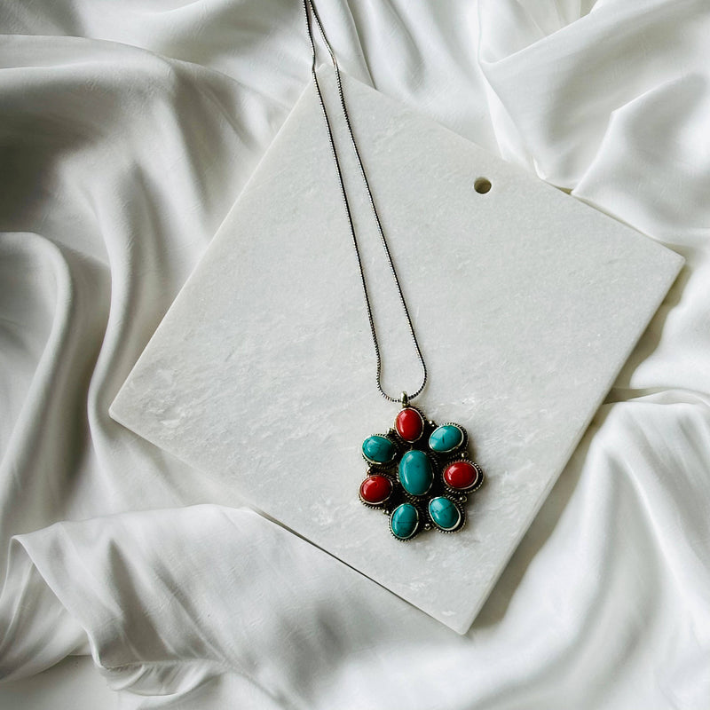Coral and Turquoise Flower Pendant
