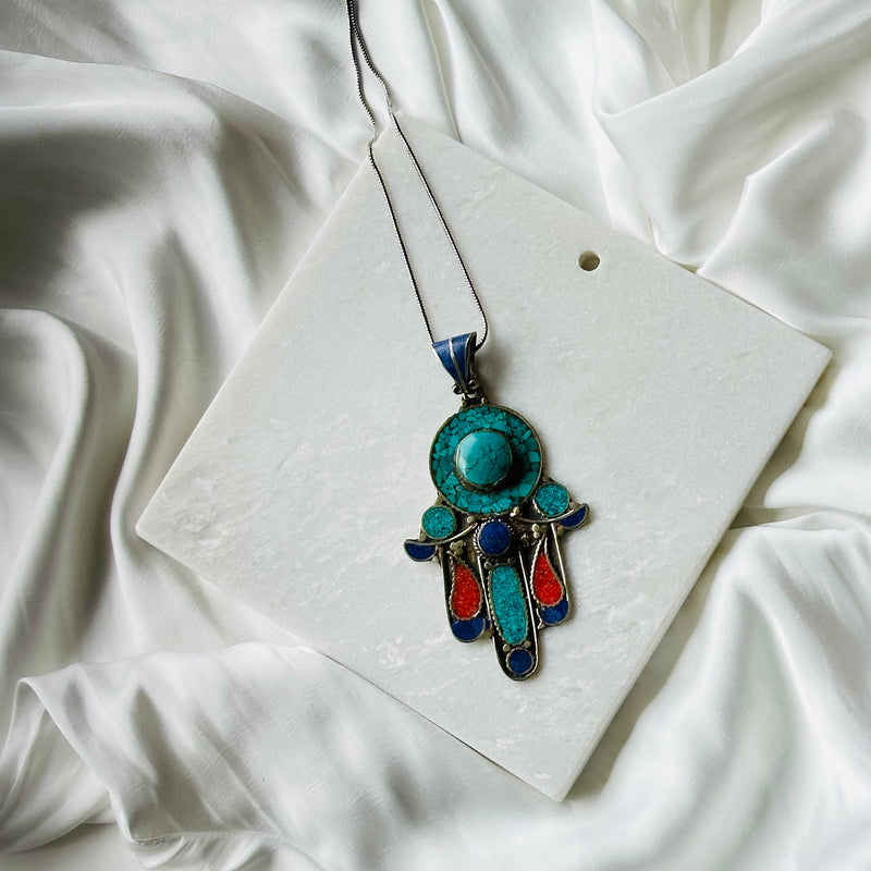 Turquoise Coral Tibetan Silver Nepal Pendant