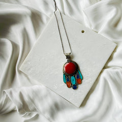 Turquoise and Coral Pendant - Handcrafted Elegance