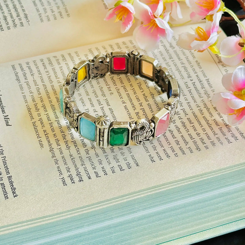 Multi-Color Stone Oxidized Silver Bangle