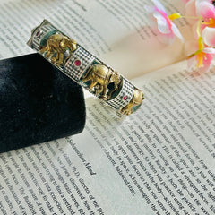 Oxidized Silver Elephant Bangle Bracelet with Stones