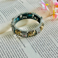 Oxidized Silver Elephant Bangle Bracelet with Stones