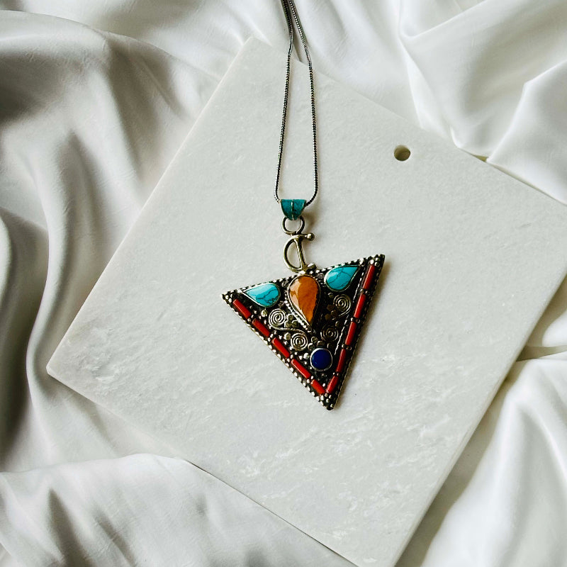Red Coral Turquoise Tibetan Silver Pendant