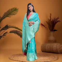 Cherriscope Sky Blue Dola Silk Saree