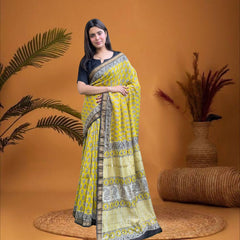 Cherriscope Yellow Block Printed Maheshwari Silk Saree